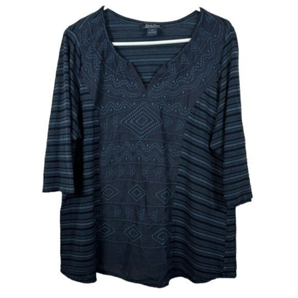 Lucky Brand 3/4 Sleeve Navy Embroidered Blouse Size 2X EUC #6847